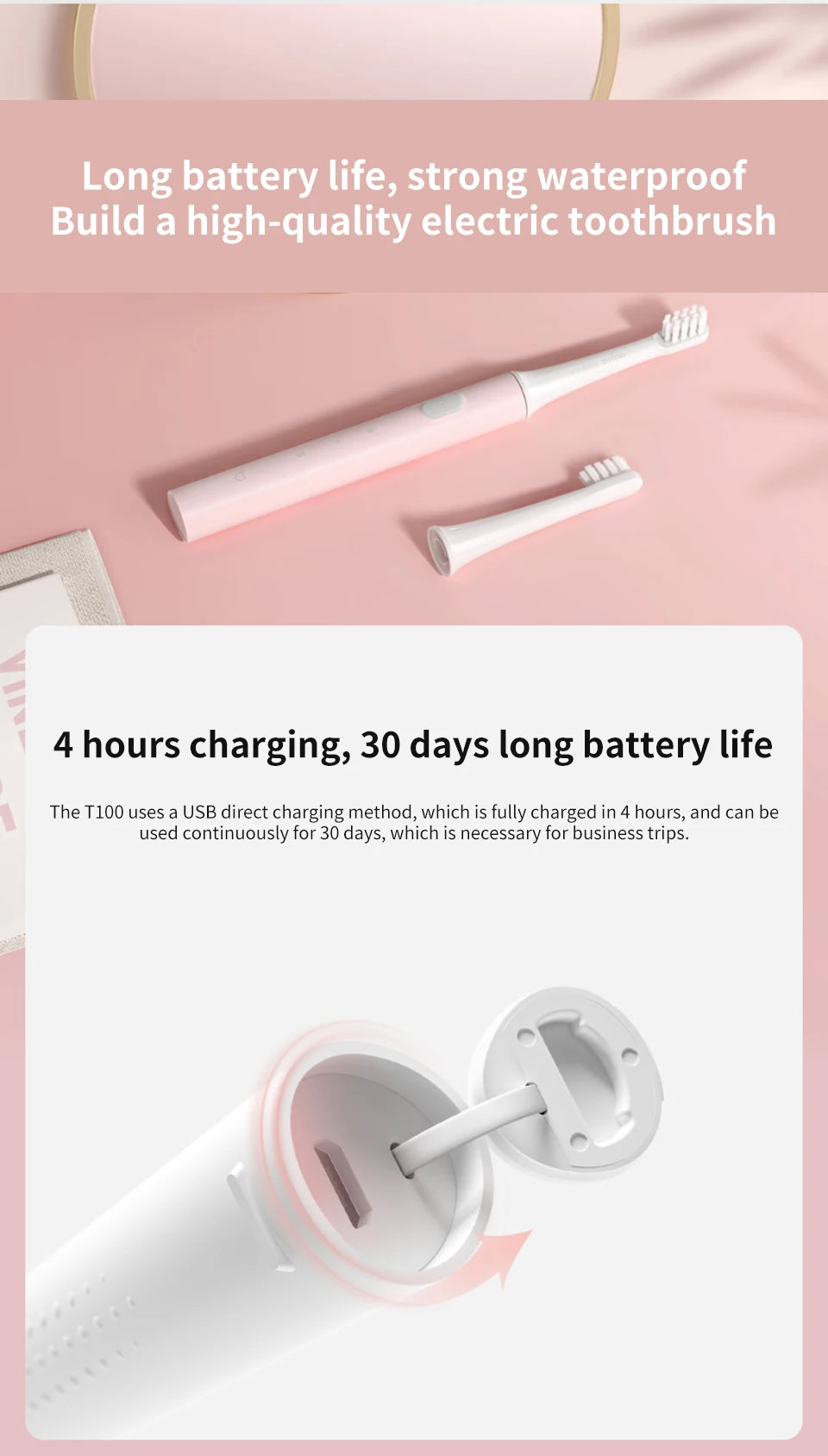 Xiaomi Mijia T100 Sonic Electric Toothbrush – USB Rechargeable & Waterproof