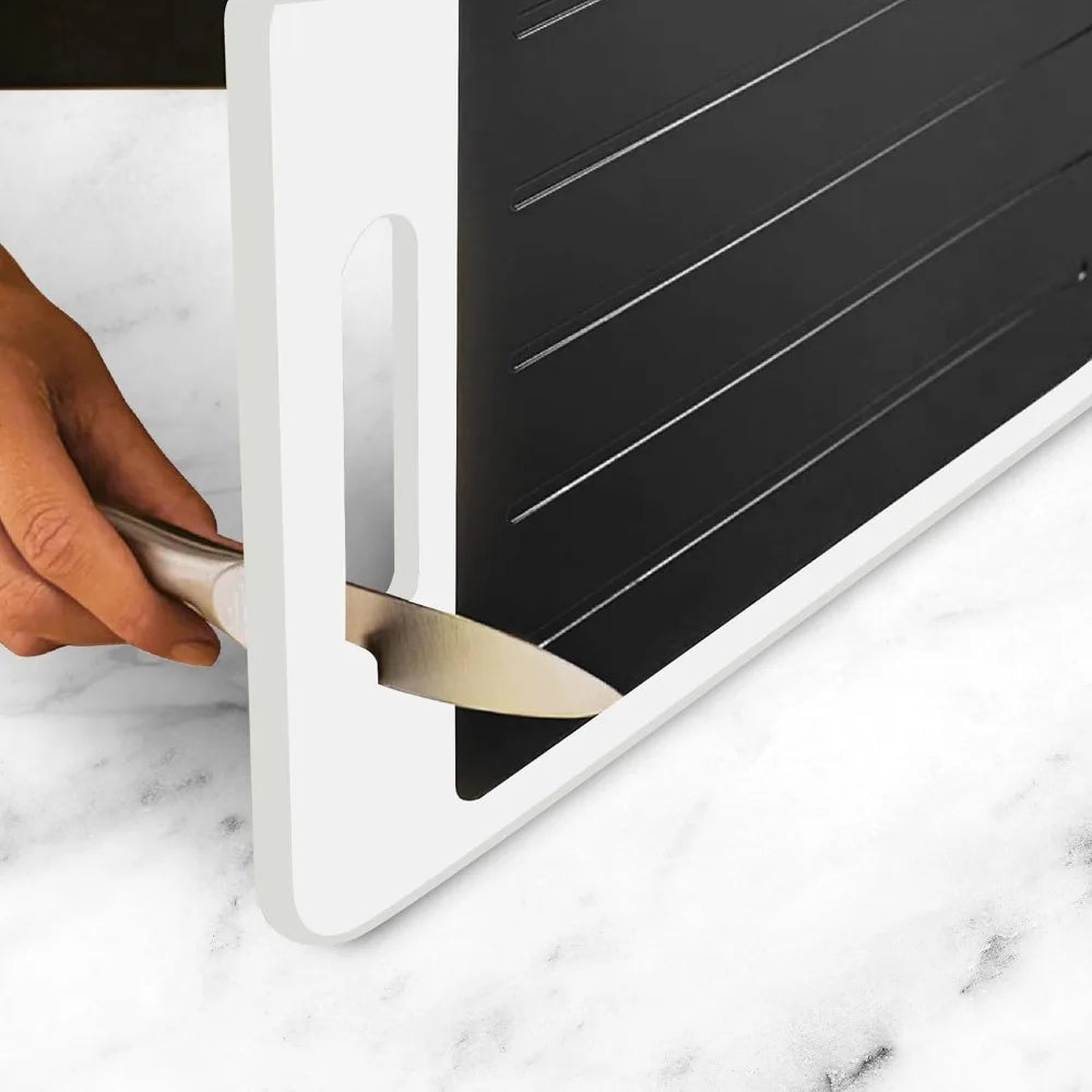 4-in-1 Defrosting Tray with Cutting Board, Knife Sharpener & Garlic Grater