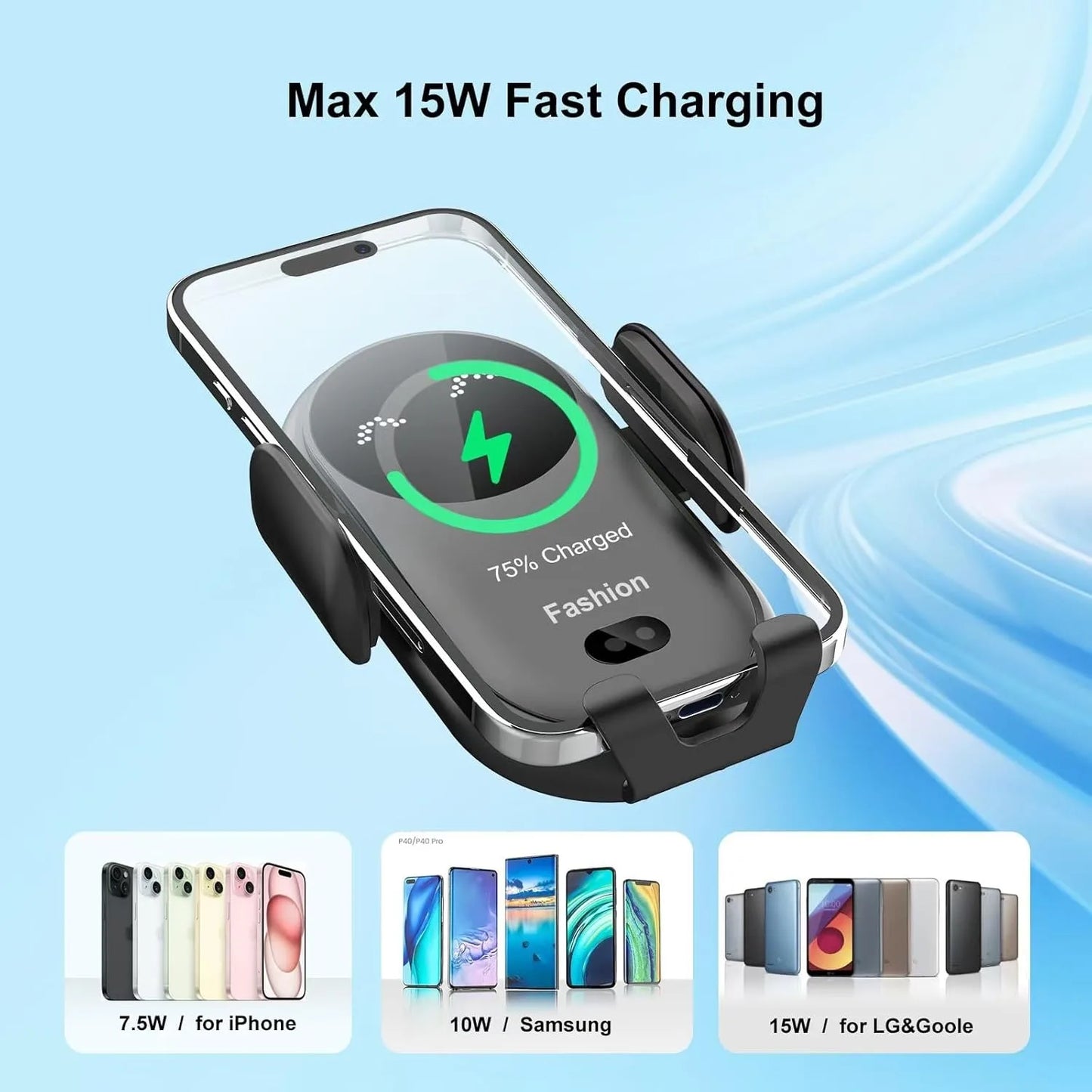 Wireless Car Charger & Phone Holder – Fast, Automatic Clamping with Smart Sensor