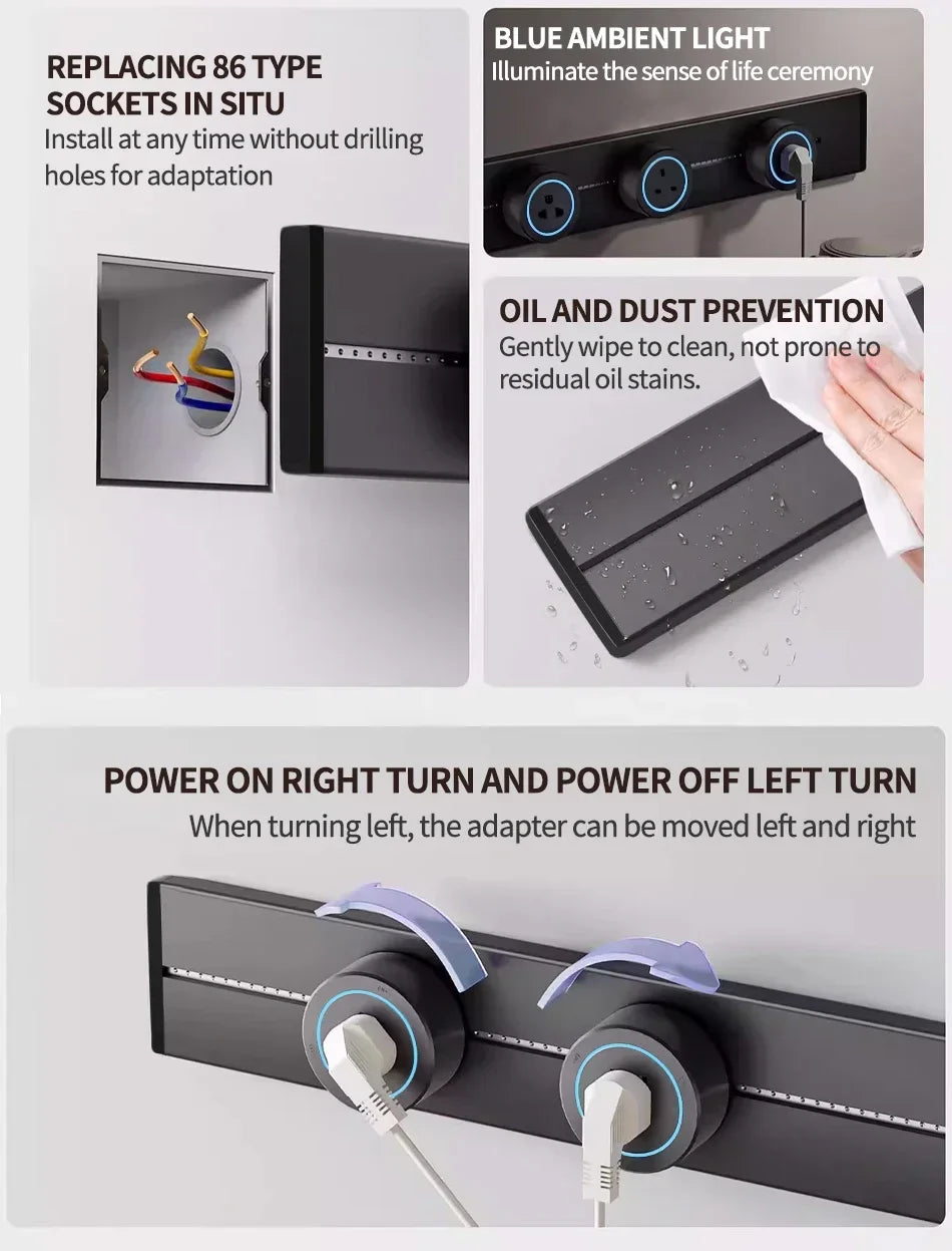 Movable Wall Power Rail, 8000W — EU/US/UK, USB-C, 40cm/50cm
