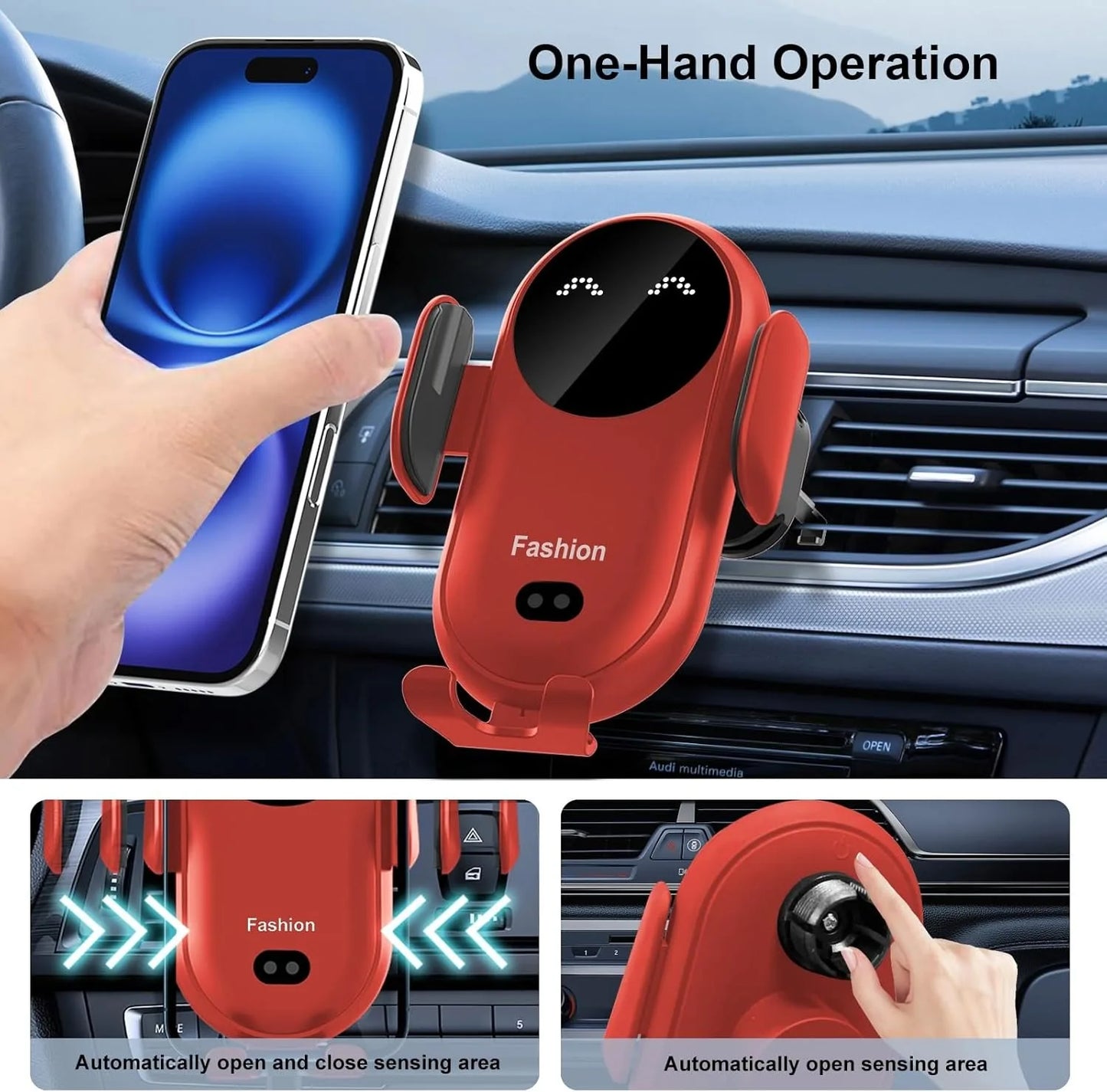 Wireless Car Charger & Phone Holder – Fast, Automatic Clamping with Smart Sensor
