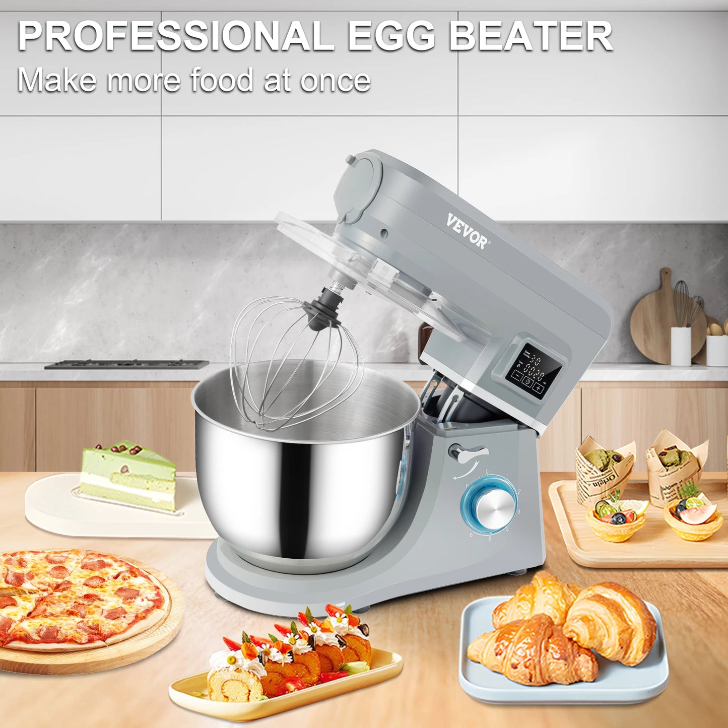 VEVOR 5-in-1 Tilt-Head Stand Mixer, 7.4 Qt, LCD, 6 Speeds, Dough Hook