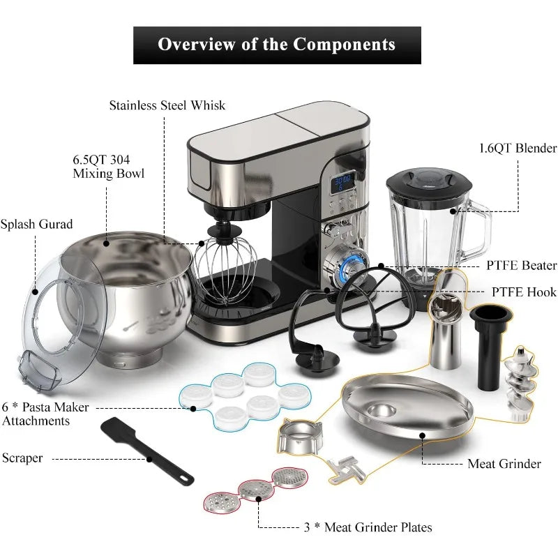Home 6-in-1 LCD Stand Mixer with 6.5QT Steel Bowl & Multi-Function Blender