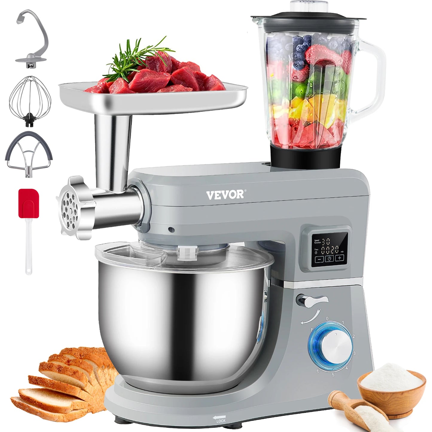 VEVOR 5-in-1 Tilt-Head Stand Mixer, 7.4 Qt, LCD, 6 Speeds, Dough Hook