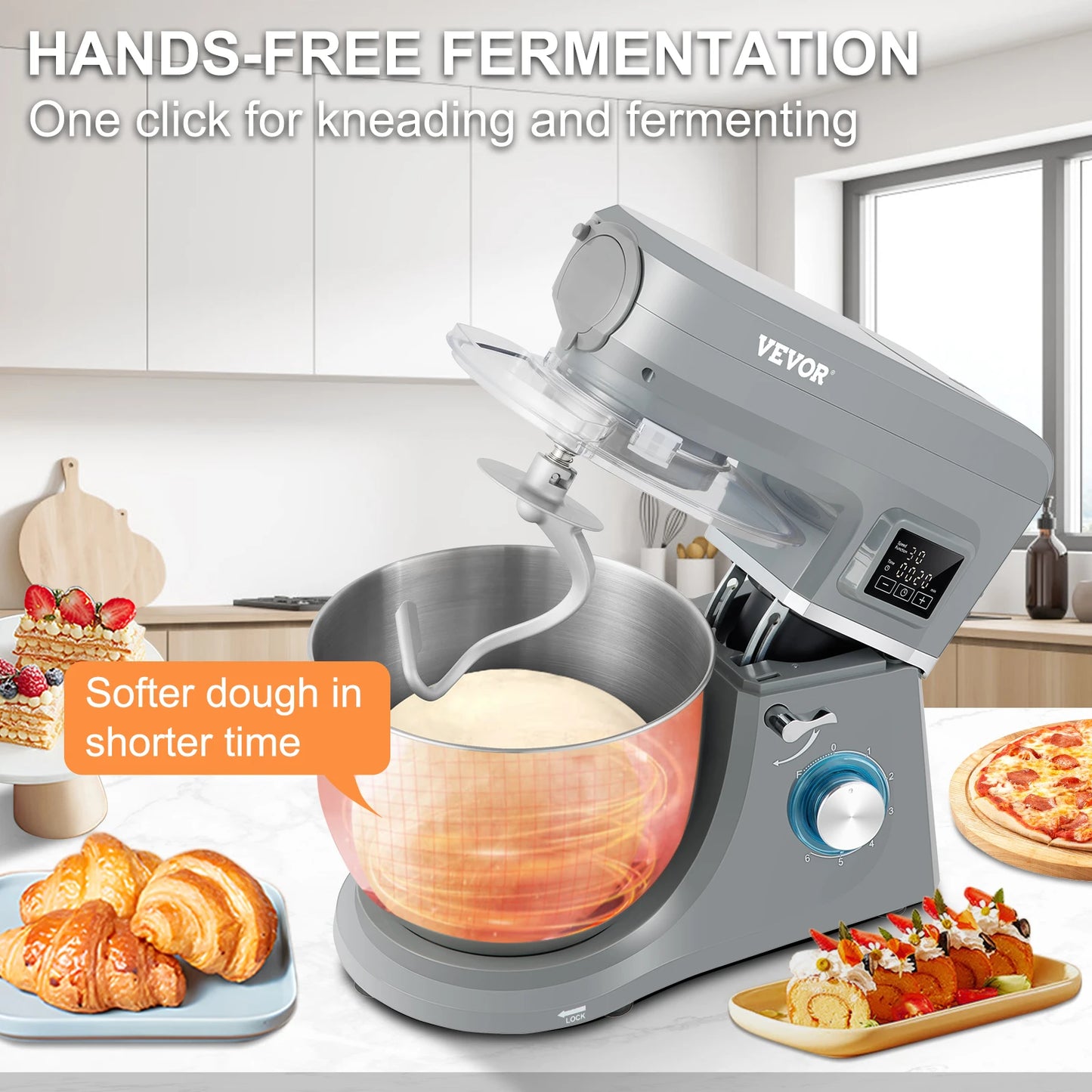 VEVOR 5-in-1 Tilt-Head Stand Mixer, 7.4 Qt, LCD, 6 Speeds, Dough Hook
