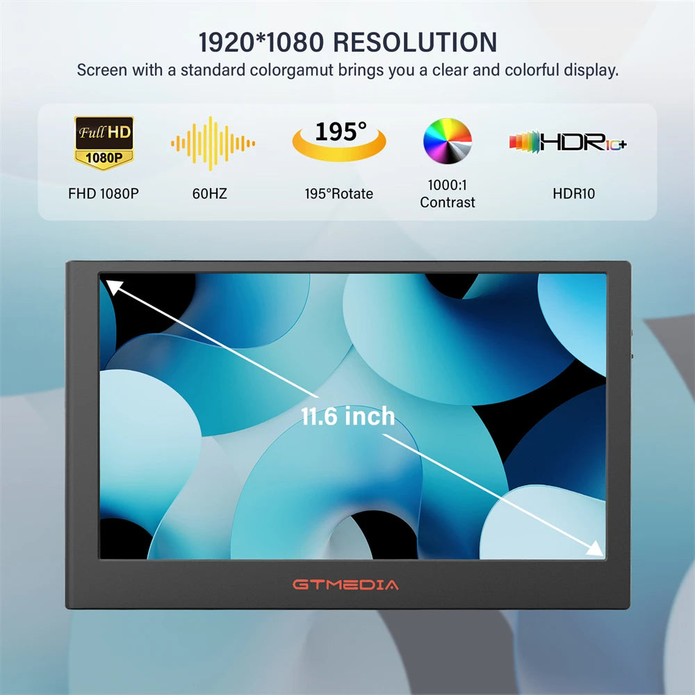 GTMEDIA 11.6'' FHD Portable Monitor – Dual/Triple Screen Extender for 13''–17.3'' Laptops