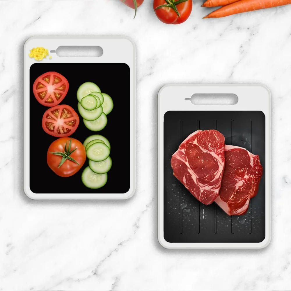 4-in-1 Defrosting Tray with Cutting Board, Knife Sharpener & Garlic Grater