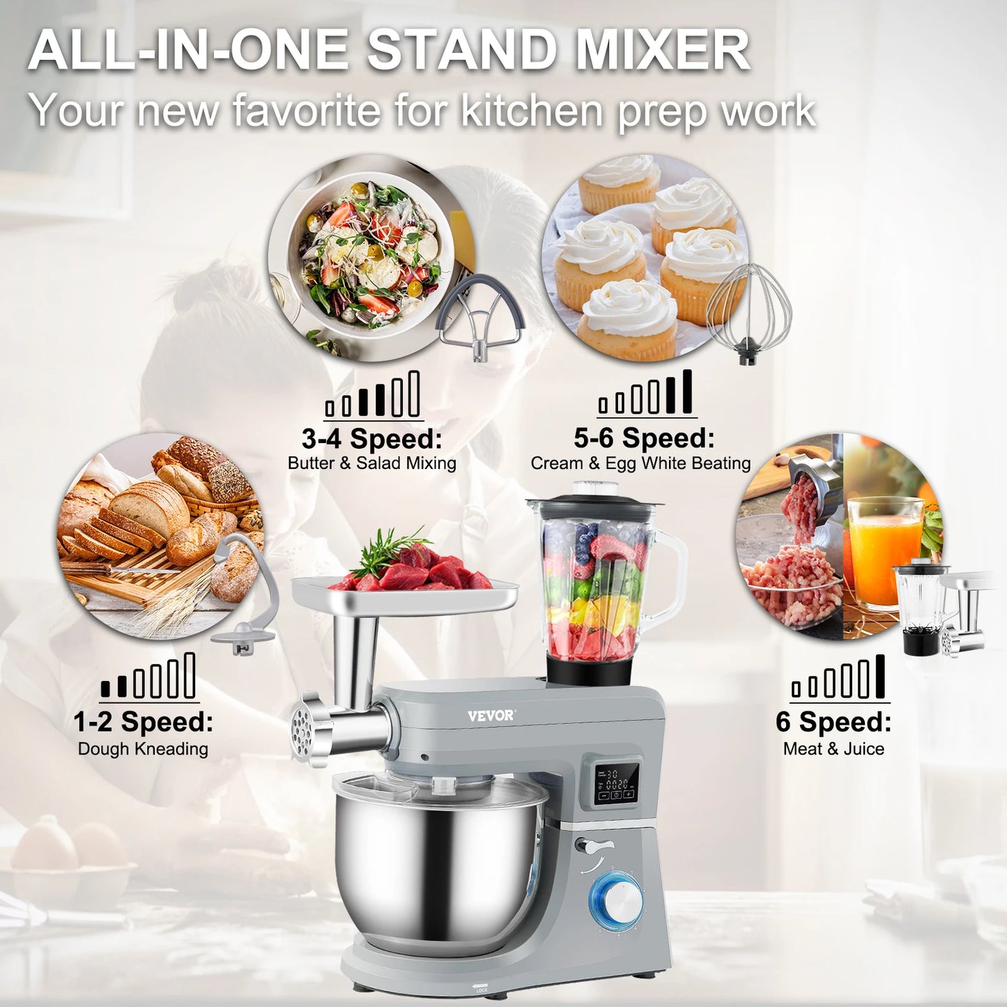 VEVOR 5-in-1 Tilt-Head Stand Mixer, 7.4 Qt, LCD, 6 Speeds, Dough Hook