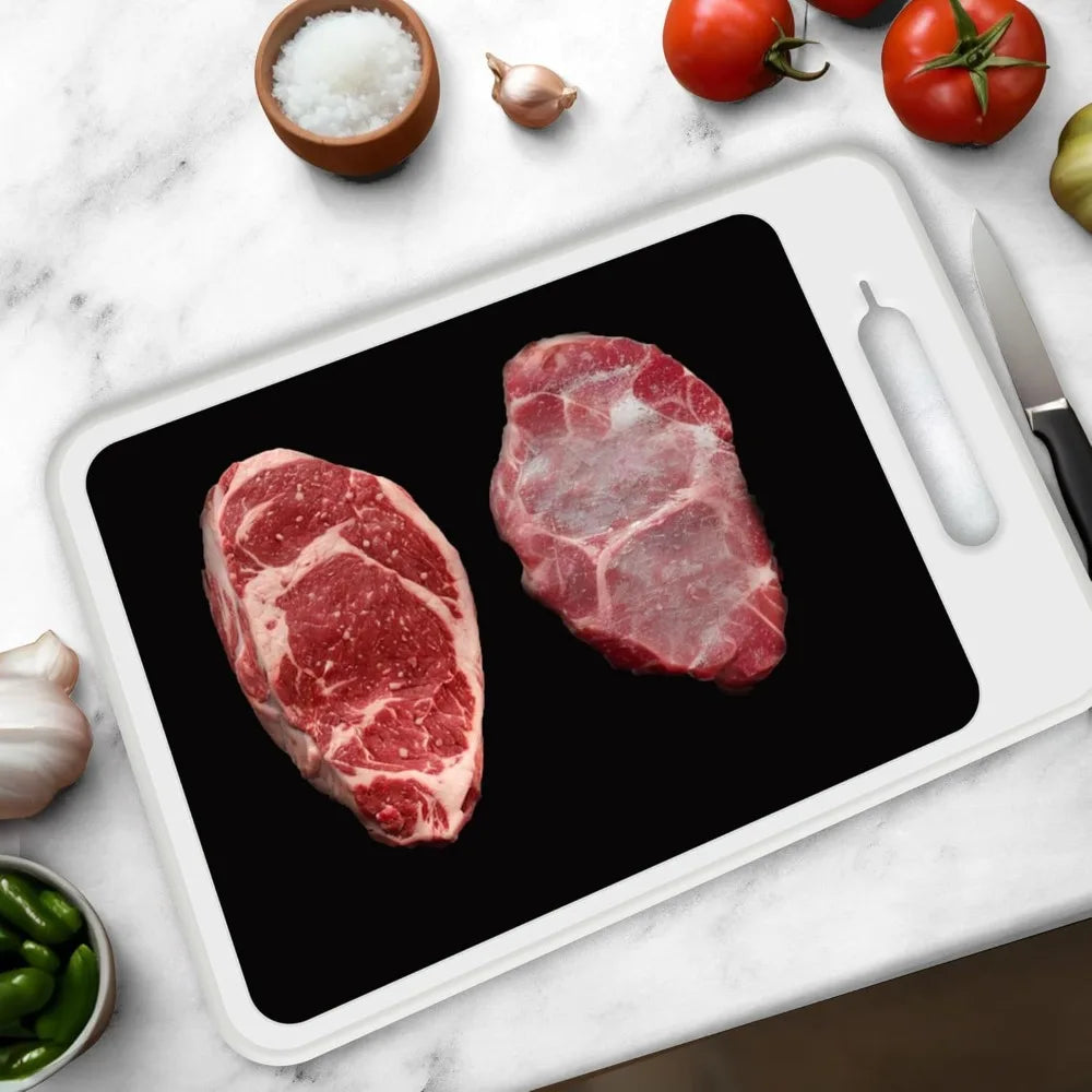 4-in-1 Defrosting Tray with Cutting Board, Knife Sharpener & Garlic Grater