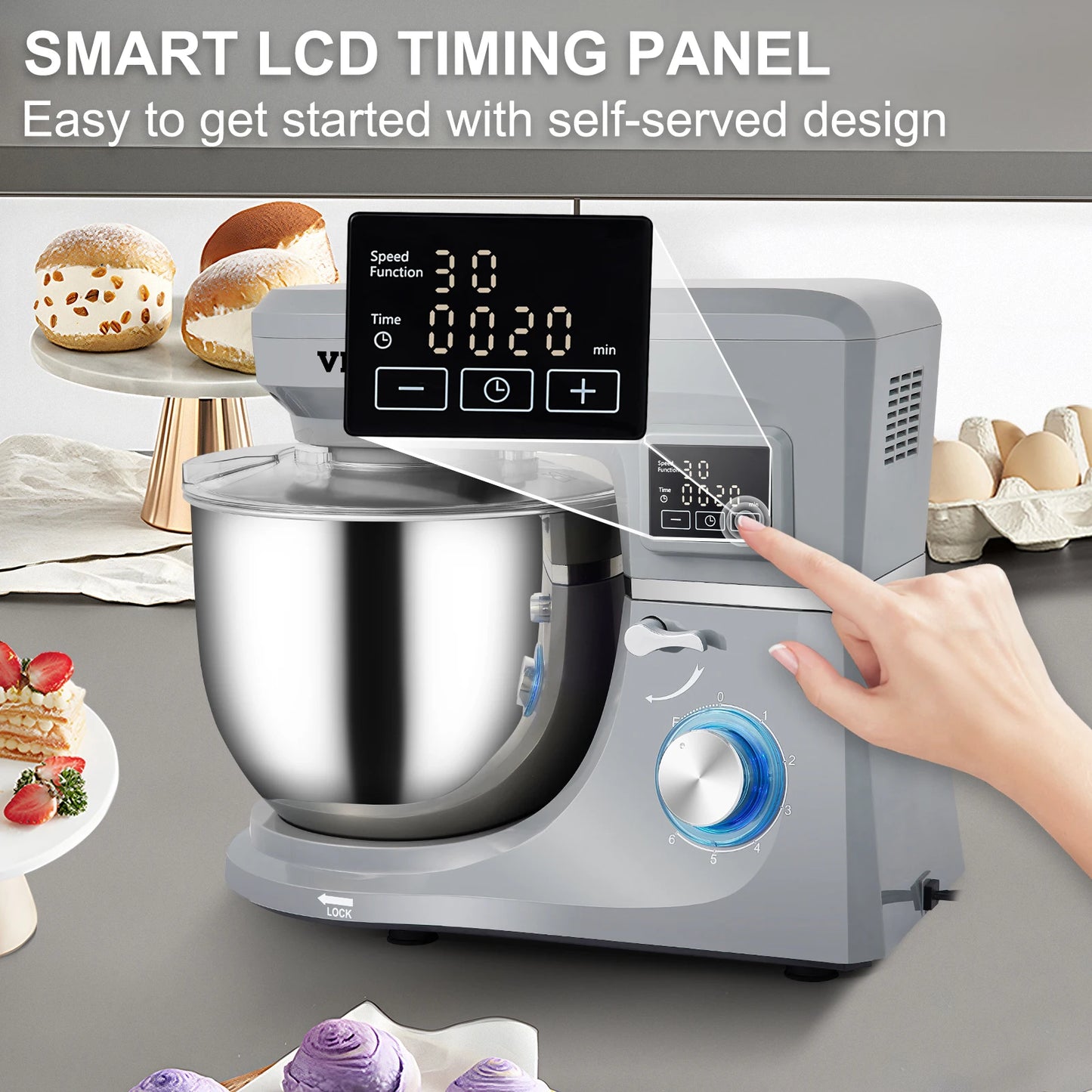 VEVOR 5-in-1 Tilt-Head Stand Mixer, 7.4 Qt, LCD, 6 Speeds, Dough Hook