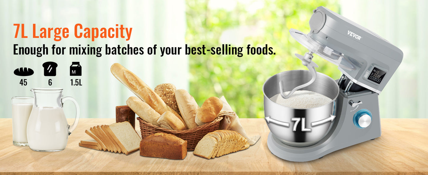 VEVOR 5-in-1 Tilt-Head Stand Mixer, 7.4 Qt, LCD, 6 Speeds, Dough Hook