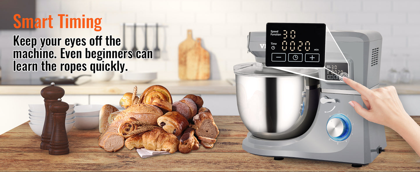 VEVOR 5-in-1 Tilt-Head Stand Mixer, 7.4 Qt, LCD, 6 Speeds, Dough Hook
