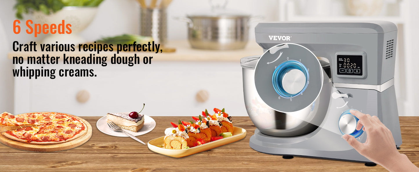 VEVOR 5-in-1 Tilt-Head Stand Mixer, 7.4 Qt, LCD, 6 Speeds, Dough Hook