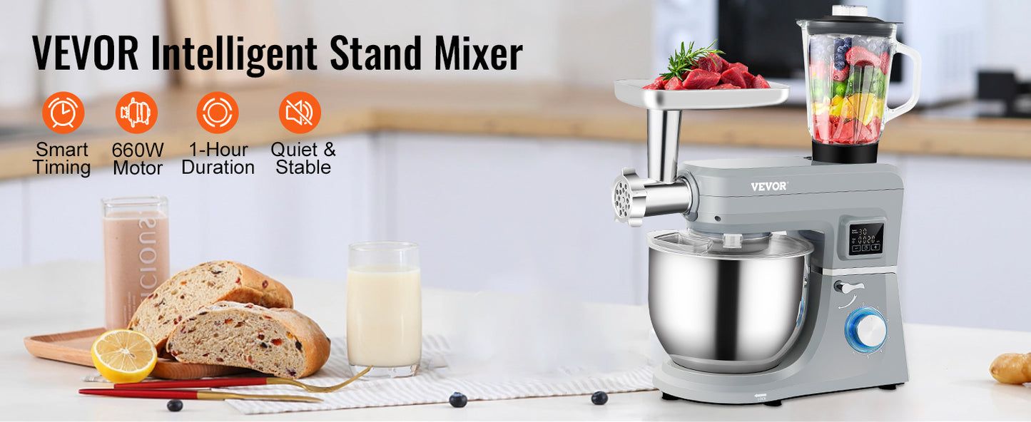 VEVOR 5-in-1 Tilt-Head Stand Mixer, 7.4 Qt, LCD, 6 Speeds, Dough Hook