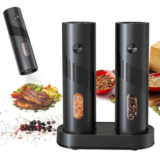 2PCS USB Rechargeable Electric Pepper & Salt Grinders – Adjustable Coarseness, LED Light, One-Handed Operation