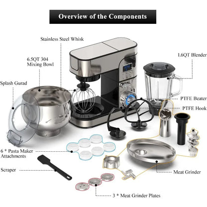 Home 6-in-1 LCD Stand Mixer with 6.5QT Steel Bowl & Multi-Function Blender