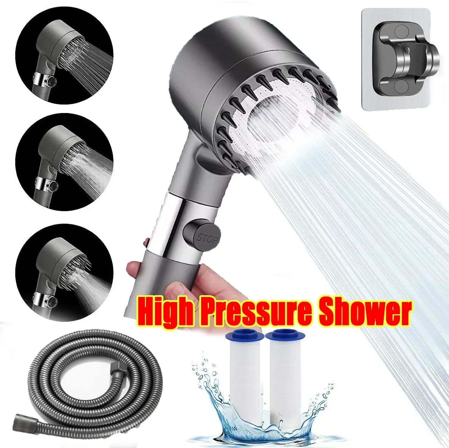 High-pressure 3-mode shower with filter and massage. Easy install.