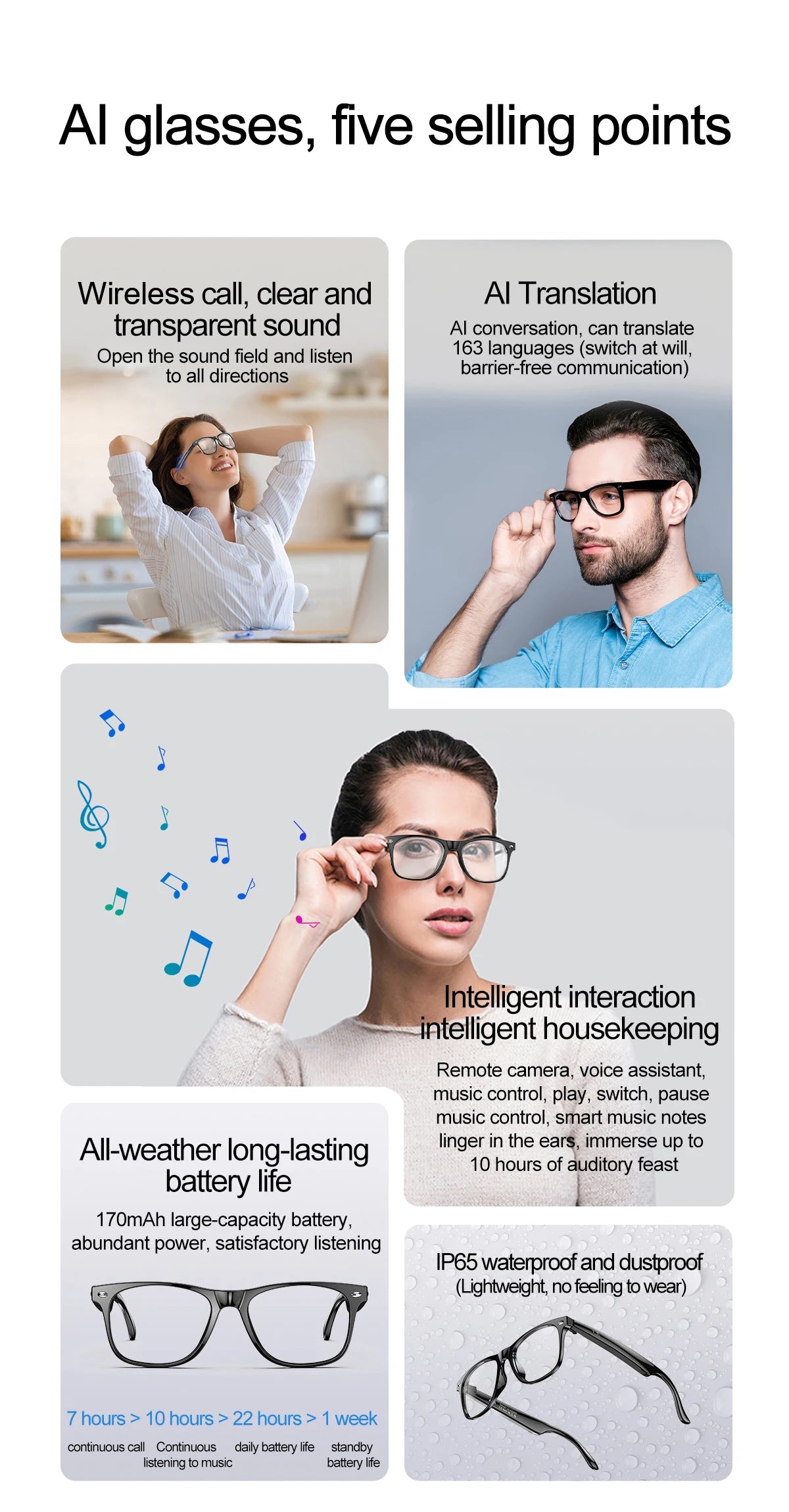 LIGE Smart Bluetooth Glasses – Touch Control, Built-in Mic & Voice Assistant, Translation