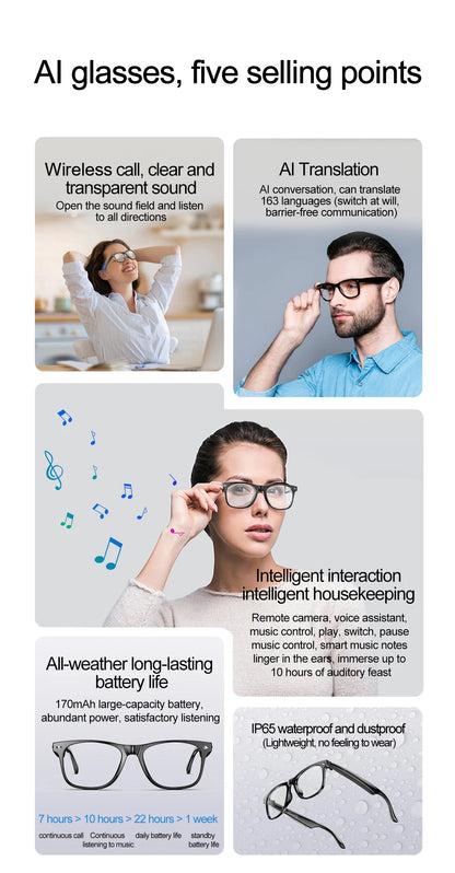 LIGE Smart Bluetooth Glasses – Touch Control, Built-in Mic & Voice Assistant, Translation