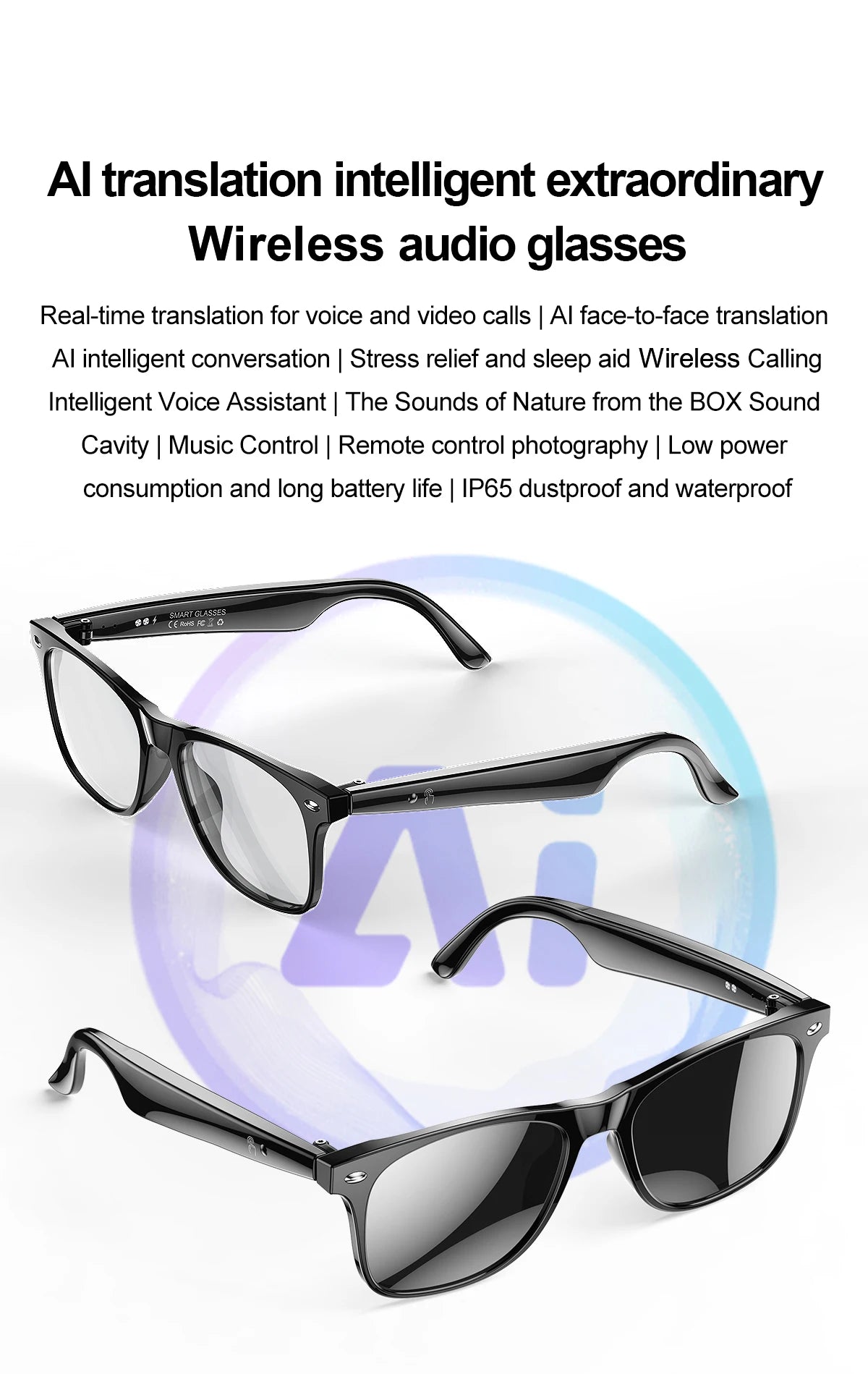 LIGE Smart Bluetooth Glasses – Touch Control, Built-in Mic & Voice Assistant, Translation